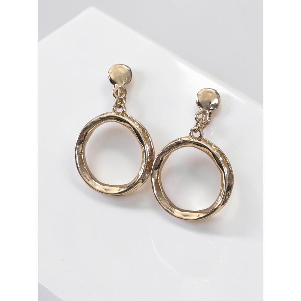Fashion Gold Toned Textured Cirlce Drop Metal Clip On Earrings